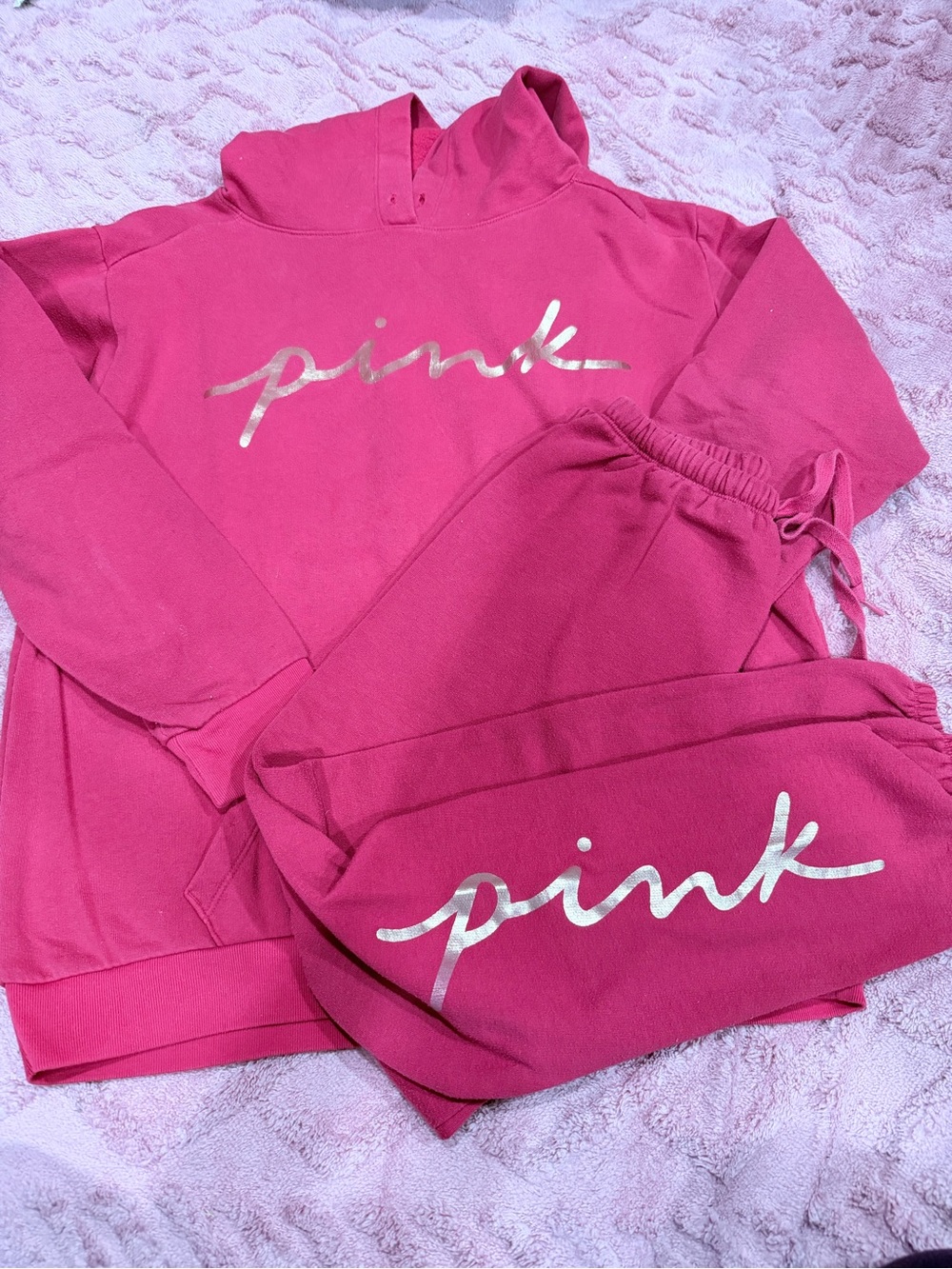 PINK Victoria's Secret Hot Pink Hoodie & Jogger Set with Metallic Logo